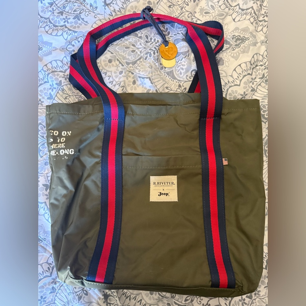 R. Riveter x Jeep Olive Green Tote Bag with Red and Blue Straps